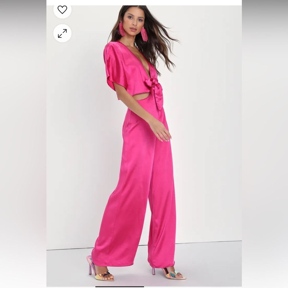 Lulu's Fuchsia Satin Plunge Tie-Front Wide-Leg Jumpsuit - Picture 2 of 5